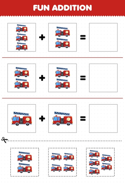 Jeu éducatif Pour Les Enfants Addition Amusante Par Coupe Et Correspondance Feuille De Calcul D'images De Camion De Pompier De Transport De Dessin Animé Mignon