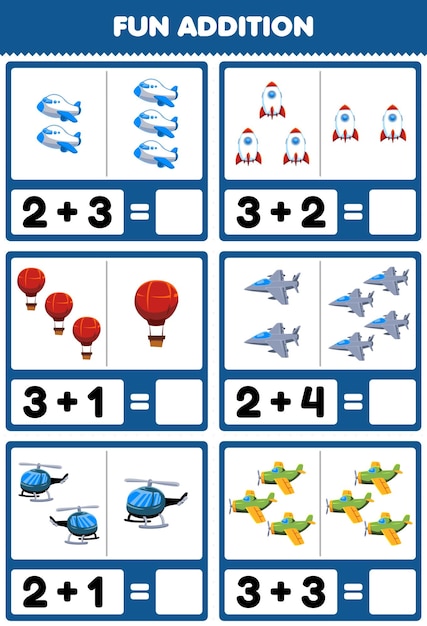 Vecteur jeu éducatif pour les enfants ajout amusant en comptant et en additionnant dessin animé mignon volant avion de transport fusée ballon chasseur à réaction hélicoptère avion photos feuille de calcul