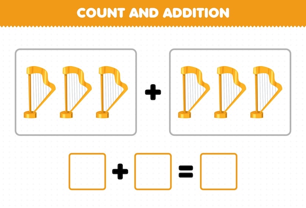 Jeu éducatif Pour Les Enfants Ajout Amusant En Comptant La Feuille De Calcul Des Images De Harpe D'instrument De Musique De Dessin Animé