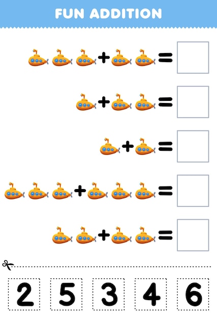 Jeu éducatif Pour Les Enfants Ajout Amusant En Coupant Et En Faisant Correspondre Le Numéro Correct Pour La Feuille De Travail De Transport Imprimable Sous-marin De Dessin Animé Mignon