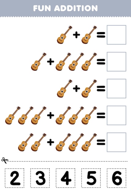 Jeu éducatif pour les enfants ajout amusant par coupe et correspondance du numéro correct pour la feuille de travail imprimable de guitare d'instrument de musique de dessin animé