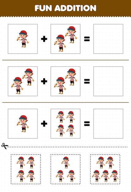 Jeu éducatif pour les enfants ajout amusant par coupe et correspondance d'images de personnages de dessin animé mignon garçon pour la feuille de calcul de pirate imprimable