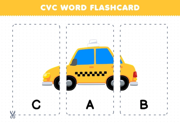 Jeu éducatif Pour Les Enfants Apprenant Le Mot Consonne Voyelle Consonne Avec Dessin Animé Mignon Cab Taxi Voiture Véhicule Illustration Flashcard Imprimable