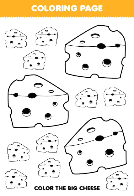 Jeu éducatif pour les enfants coloriage grande ou petite image de feuille de travail imprimable de fromage