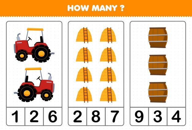 Jeu éducatif Pour Les Enfants Comptant Combien De Feuilles De Travail Imprimables De Baril De Botte De Foin De Tracteur De Dessin Animé Mignon