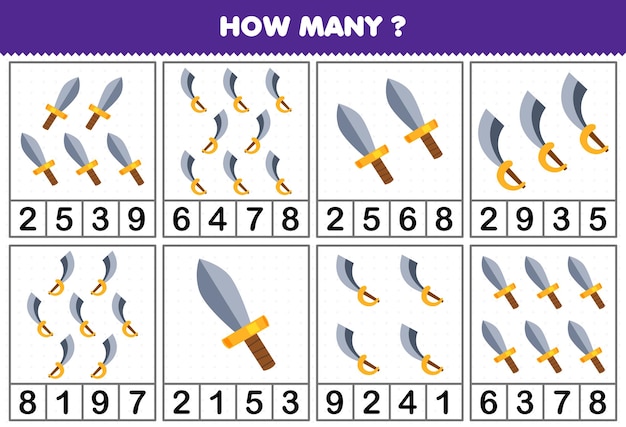 Jeu éducatif Pour Les Enfants Comptant Le Nombre D'épées De Dessins Animés Mignons Dans Chaque Table Feuille De Calcul Pirate Imprimable