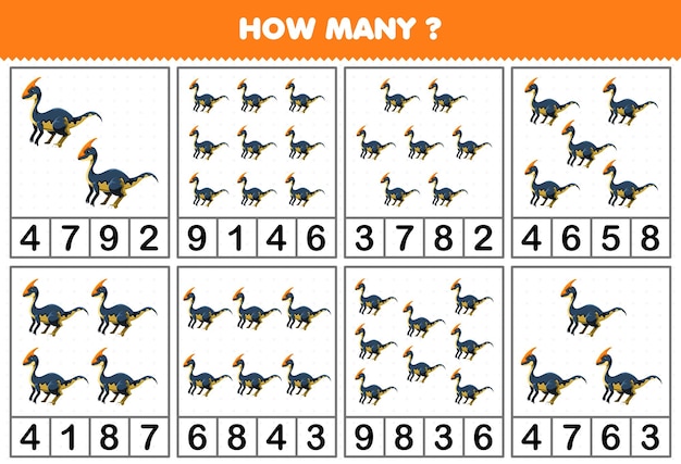 Jeu éducatif Pour Les Enfants Comptant Le Nombre D'objets Dans Chaque Table De Feuille De Travail Imprimable Parasaurlophus De Dinosaure Préhistorique De Dessin Animé Mignon