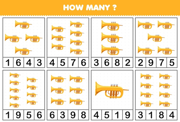 Jeu éducatif Pour Les Enfants Comptant Le Nombre D'objets Dans Chaque Table De Feuille De Travail Imprimable De Trompette D'instrument De Musique De Dessin Animé