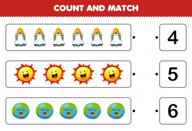 Jeu éducatif pour les enfants compter et correspondre compter le nombre de dessin animé mignon système solaire vaisseau spatial soleil terre planète et faire correspondre avec la feuille de travail imprimable des bons chiffres