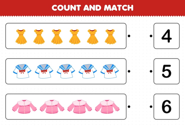 Jeu éducatif Pour Les Enfants Compter Et Correspondre Compter Le Nombre De Vêtements Portables De Dessin Animé Robe Uniforme Chemisier Et Correspondre Avec Les Bons Numéros Feuille De Calcul Imprimable