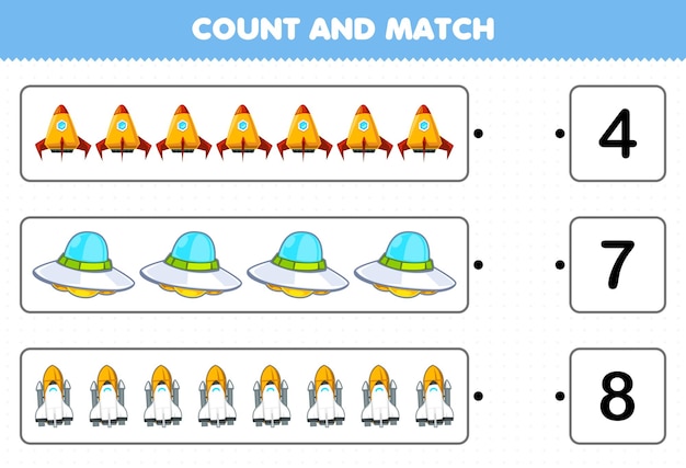 Jeu éducatif Pour Les Enfants Comptez Et Faites Correspondre Le Nombre De Fusées Spatiales Ufo Du Système Solaire De Dessin Animé Mignon Et Faites Correspondre Avec La Feuille De Travail Imprimable Des Bons Numéros