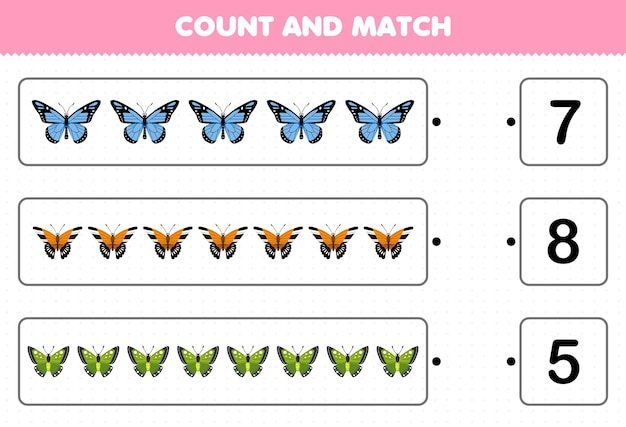 Jeu éducatif Pour Les Enfants Comptez Le Nombre De Papillons De Dessin Animé Mignon Et Faites Correspondre Avec Les Bons Numéros Feuille De Calcul De Bogue Imprimable