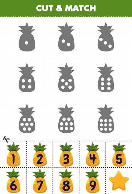 Jeu éducatif Pour Les Enfants, Comptez Les Points Sur Chaque Silhouette Et Associez-les à La Bonne Feuille De Travail Imprimable Sur Les Fruits D'ananas Numérotés