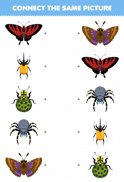 Jeu éducatif pour les enfants connecter la même image de dessin animé mignon papillon coccinelle araignée feuille de calcul imprimable bug