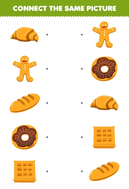 Jeu éducatif Pour Les Enfants Connecter La Même Image De Dessin Animé Nourriture Croissant Pain D'épice Beignet Gaufre Feuille De Calcul Imprimable