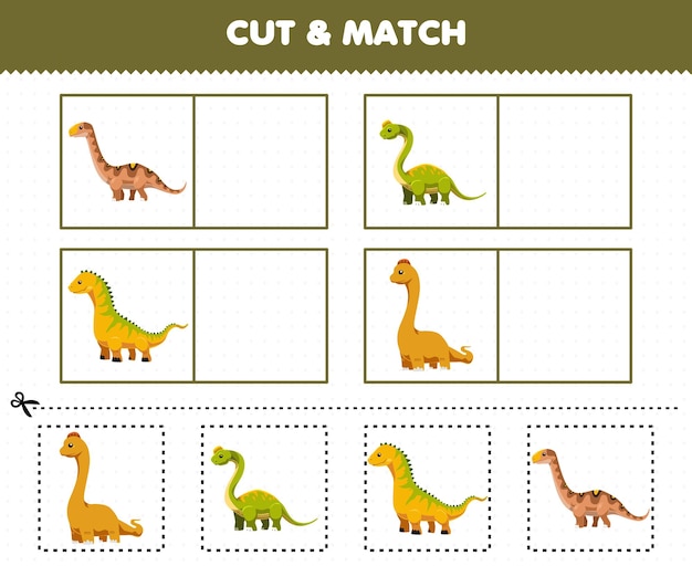 Jeu éducatif Pour Enfants Coupé Et Assorti à La Même Image De Dessin Animé Mignon Dinosaure Préhistorique à Long Cou