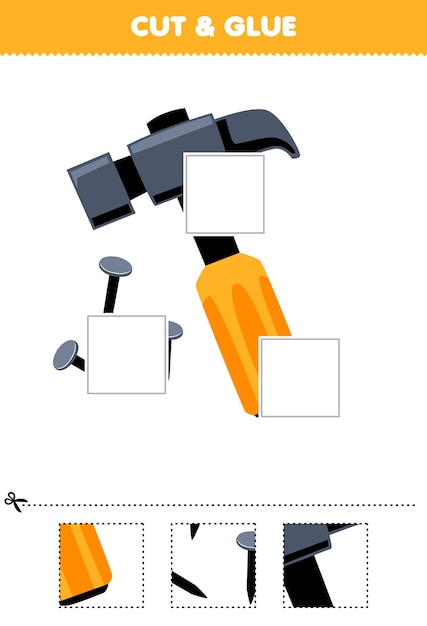 Jeu éducatif pour les enfants couper et coller des parties découpées de dessin animé mignon marteau et clou image feuille de travail imprimable