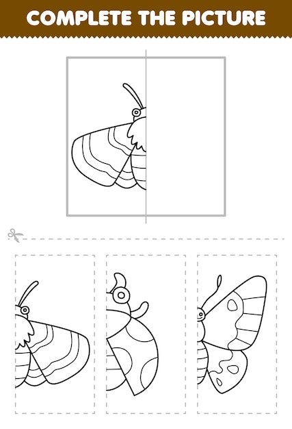 Vecteur jeu éducatif pour les enfants couper et compléter l'image de mollet de dessin animé mignon demi-contour pour la coloration feuille de travail d'insectes imprimables