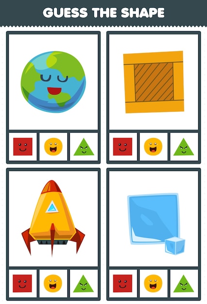 Jeu éducatif pour les enfants devinez la forme des figures géométriques et des objets boîte en bois carrée bloc de glace cercle terre planète triangle feuille de calcul de fusée