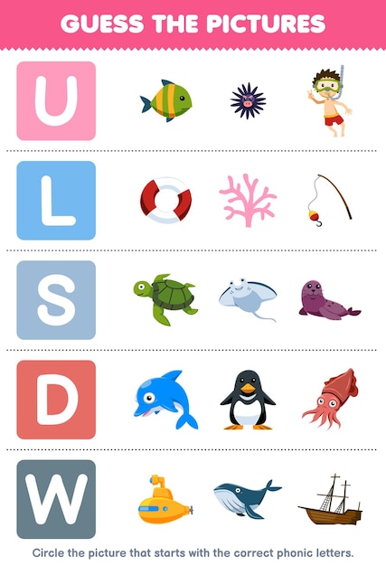 Jeu éducatif Pour Les Enfants Devinez L'image Correcte Pour Le Mot Phonique Qui Commence Par La Lettre Ulsd Et W Feuille De Travail Sous-marine Imprimable