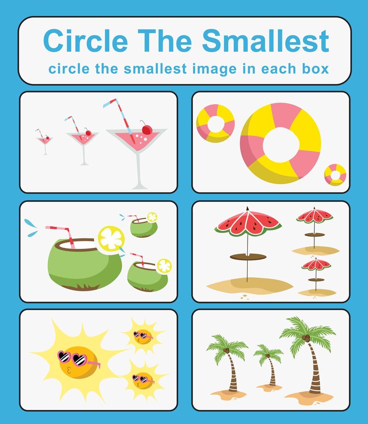 Jeu éducatif pour les enfants Encercler le plus petit objet dans chaque case Fichier vectoriel