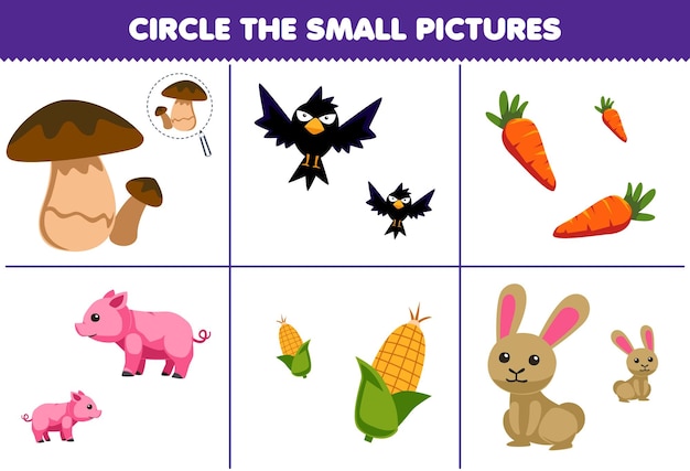 Jeu éducatif Pour Les Enfants Encerclez La Petite Image De Dessin Animé Mignon Champignon Corbeau Carotte Cochon Maïs Lapin Feuille De Travail De Ferme Imprimable