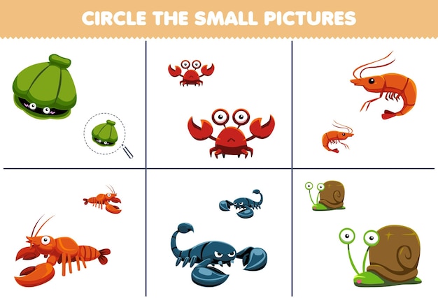 Jeu éducatif pour les enfants encerclez la petite image de dessin animé mignon coquille crabe crevette homard scorpion escargot feuille de travail imprimable animal