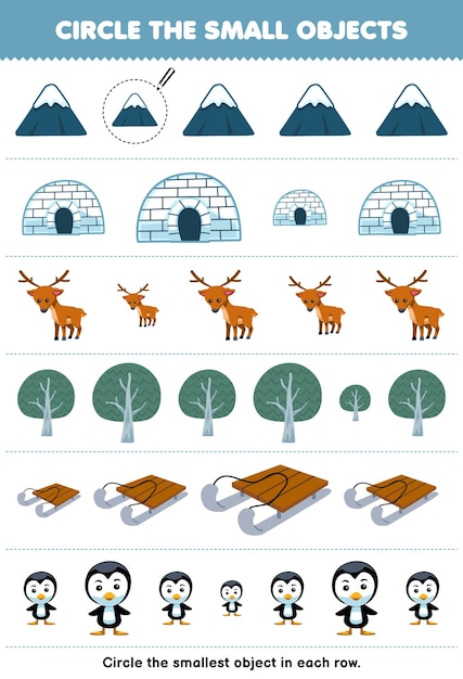 Jeu éducatif Pour Les Enfants Encerclez Le Plus Petit Objet Dans Chaque Rangée De Dessin Animé Mignon Montagne Igloo Cerf Arbre Traîneau Pingouin Imprimable Feuille De Travail D'hiver