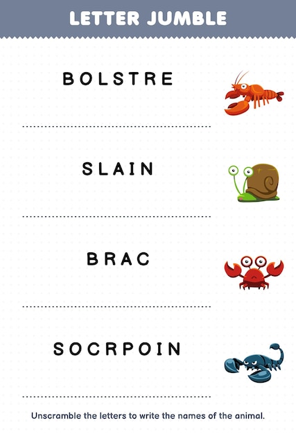 Vecteur jeu éducatif pour les enfants lettre pêle-mêle écrire le nom correct pour dessin animé mignon homard escargot crabe scorpion feuille de travail imprimable animal