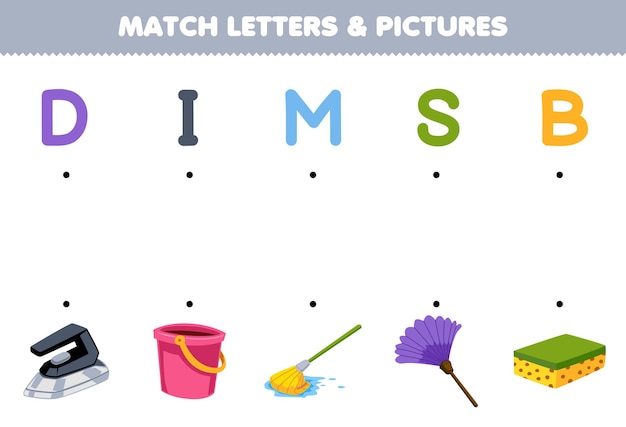 Jeu éducatif Pour Les Enfants Match Lettres Et Images De Dessin Animé Mignon Fer Seau Vadrouille Plumeau éponge Outil Imprimable Feuille De Travail