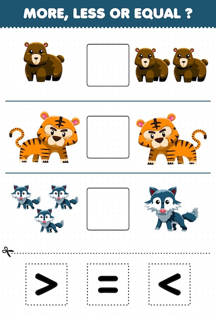 Jeu éducatif Pour Les Enfants Plus Ou Moins égal Comptez La Quantité De Dessin Animé Mignon Animal Sauvage Ours Tigre Loup Puis Coupez Et Collez Le Bon Signe