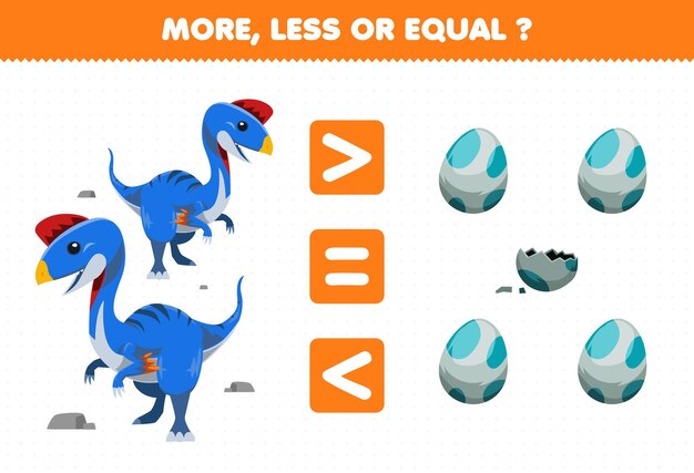 Vecteur jeu éducatif pour les enfants plus ou moins égal comptez la quantité d'oviraptor et d'oeuf de dinosaure préhistorique de dessin animé mignon