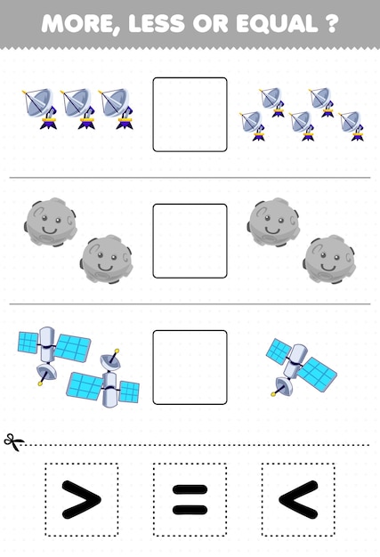 Jeu éducatif Pour Les Enfants Plus Ou Moins égal Comptez La Quantité De Satellite De Planète Radar Du Système Solaire De Dessin Animé Mignon Puis Coupez Et Collez Le Bon Signe