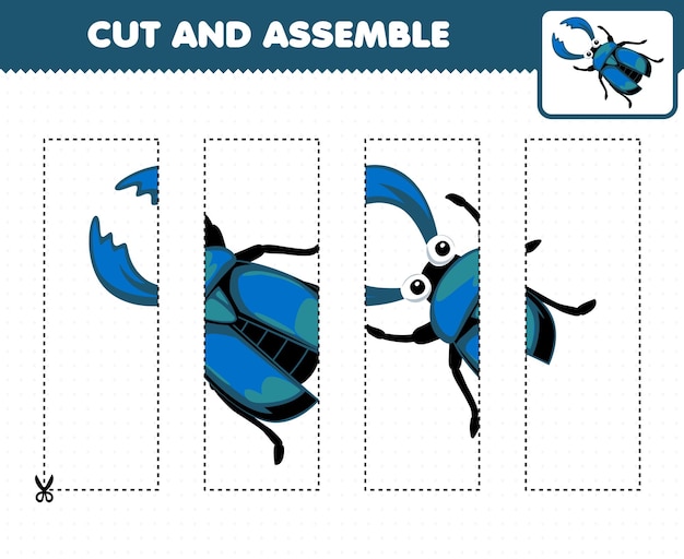 Jeu éducatif pour les enfants, pratique de coupe et assemblage de puzzle avec une feuille de calcul de bogue imprimable de dessin animé mignon de scarabée bleu