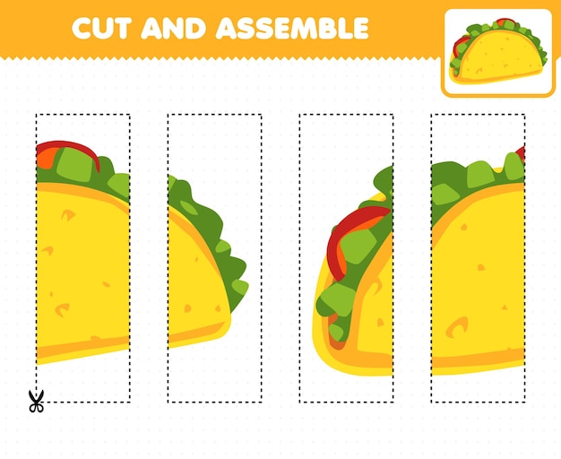 Jeu éducatif Pour Les Enfants, Pratique De Coupe Et Assemblage De Puzzle Avec Taco De Nourriture De Dessin Animé