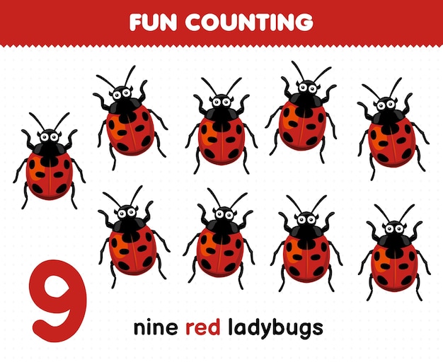 Jeu éducatif Pour Les Enfants S'amusant à Compter Neuf Coccinelles Rouges Feuille De Calcul De Bogue Imprimable