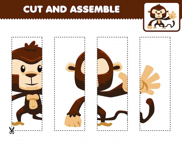 Jeu éducatif Pour Les Enfants, S'entrainer à Couper Et Assembler Un Puzzle Avec Un Joli Singe Animal De Bande Dessinée