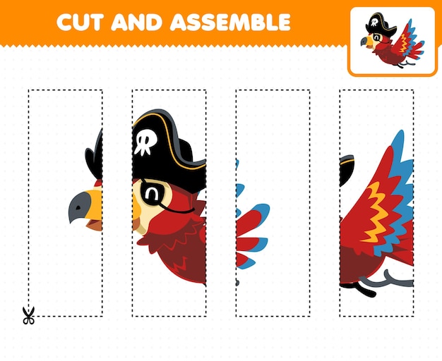 Jeu éducatif Pour Les Enfants, S'entraîner à Couper Et Assembler Un Puzzle De Perroquet Volant De Dessin Animé Mignon Avec Une Feuille De Travail De Pirate Imprimable