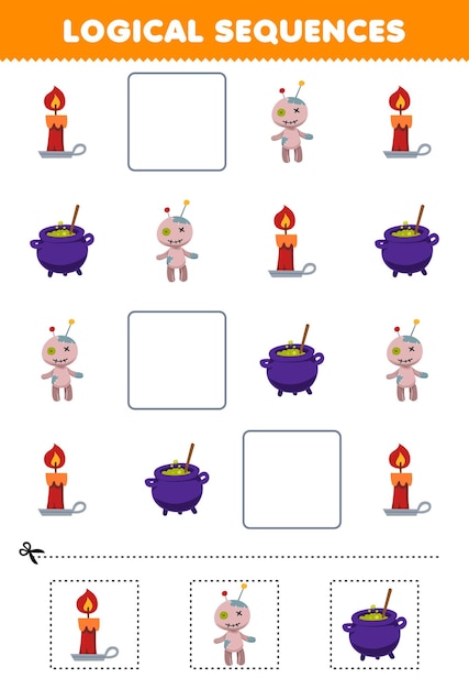 Jeu éducatif pour les enfants séquences logiques pour les enfants avec dessin animé mignon bougie chaudron poupée vaudou photo halloween feuille de calcul imprimable