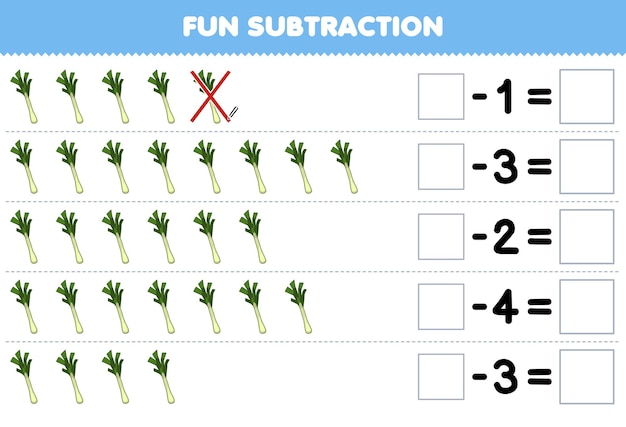 Jeu éducatif Pour Les Enfants Soustraction Amusante En Comptant Le Poireau De Dessin Animé Dans Chaque Rangée Et En L'éliminant