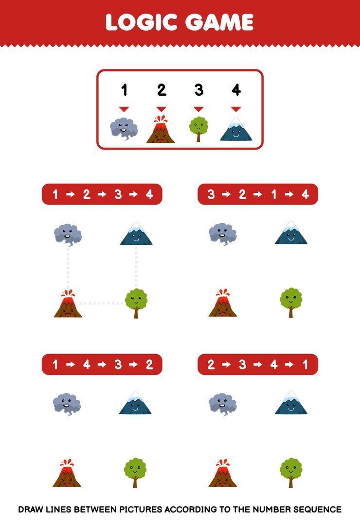 Vecteur jeu éducatif pour les enfants tracer des lignes en fonction des séquences de nombres de dessin animé mignon fumée volcan arbre montagne images feuille de travail nature imprimable