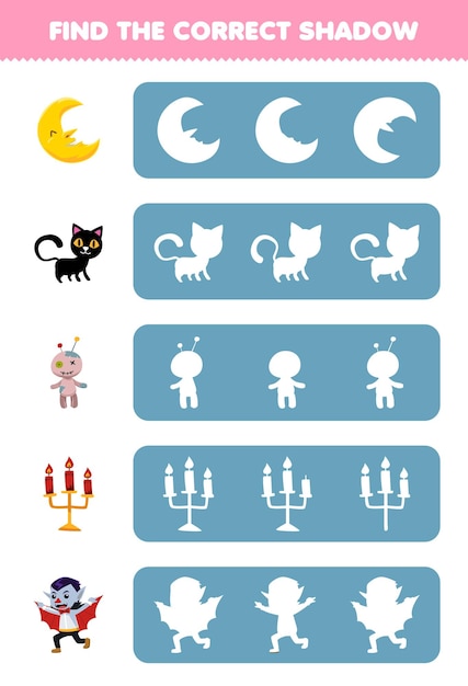 Jeu éducatif Pour Les Enfants Trouver La Bonne Silhouette D'ombre De Dessin Animé Mignon Lune Chat Poupée Vaudou Bougie Dracula Halloween Feuille De Calcul Imprimable