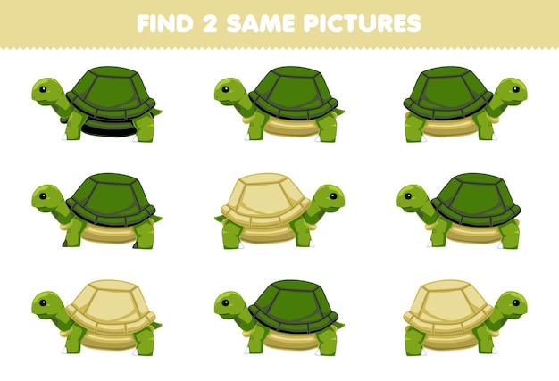 Vecteur jeu éducatif pour enfants trouver deux images identiques de tortues mignons feuille d'exercice d'animal d'intérieur imprimable