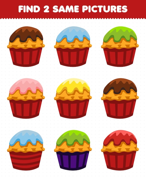 Jeu éducatif pour les enfants trouver deux mêmes images nourriture snack cupcake
