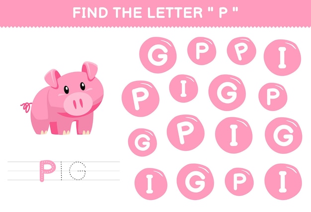 Jeu éducatif Pour Les Enfants, Trouvez La Lettre P Avec Une Feuille De Travail Imprimable De Cochon Rose Animal De Dessin Animé Mignon