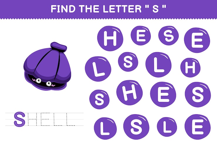 Vecteur jeu éducatif pour les enfants, trouvez la lettre s avec une feuille de travail sous-marine imprimable en coquille de dessin animé mignon