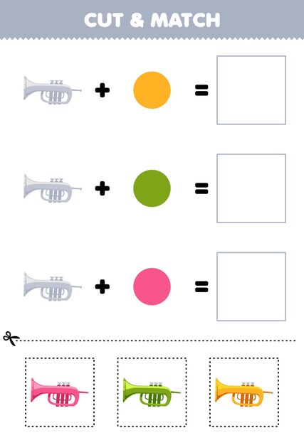 Jeu d'éducation couper et correspondre à la combinaison de couleurs de la trompette mignonne feuille de travail d'instrument de musique imprimable