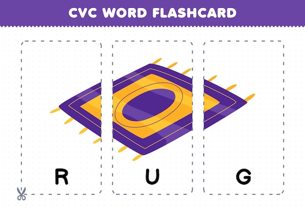 Jeu D'éducation Pour Les Enfants Apprenant Le Mot De Consonne De Voyelle De Consonne Avec Une Carte Flash Imprimable D'illustration De Rug Violet De Dessin Animé Mignon