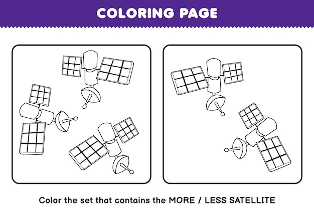 Jeu D'éducation Pour Les Enfants Coloriage Plus Ou Moins Image De Dessin Animé Mignon Satellite Dessin Au Trait Ensemble Feuille De Travail Imprimable Du Système Solaire