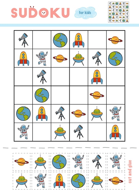 Jeu D'éducation De Sudoku Pour Les Enfants Ensemble De Dessins Animés D'objets Spatiaux Utilisez Des Ciseaux Et De La Colle